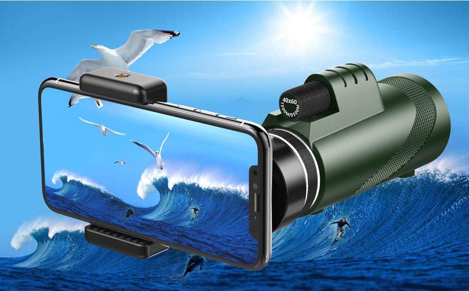Telescopio monocular de 40 x 60 con soporte para teléfono inteligente y trípode, alcance monocular compacto HD para adultos, prisma monocular de