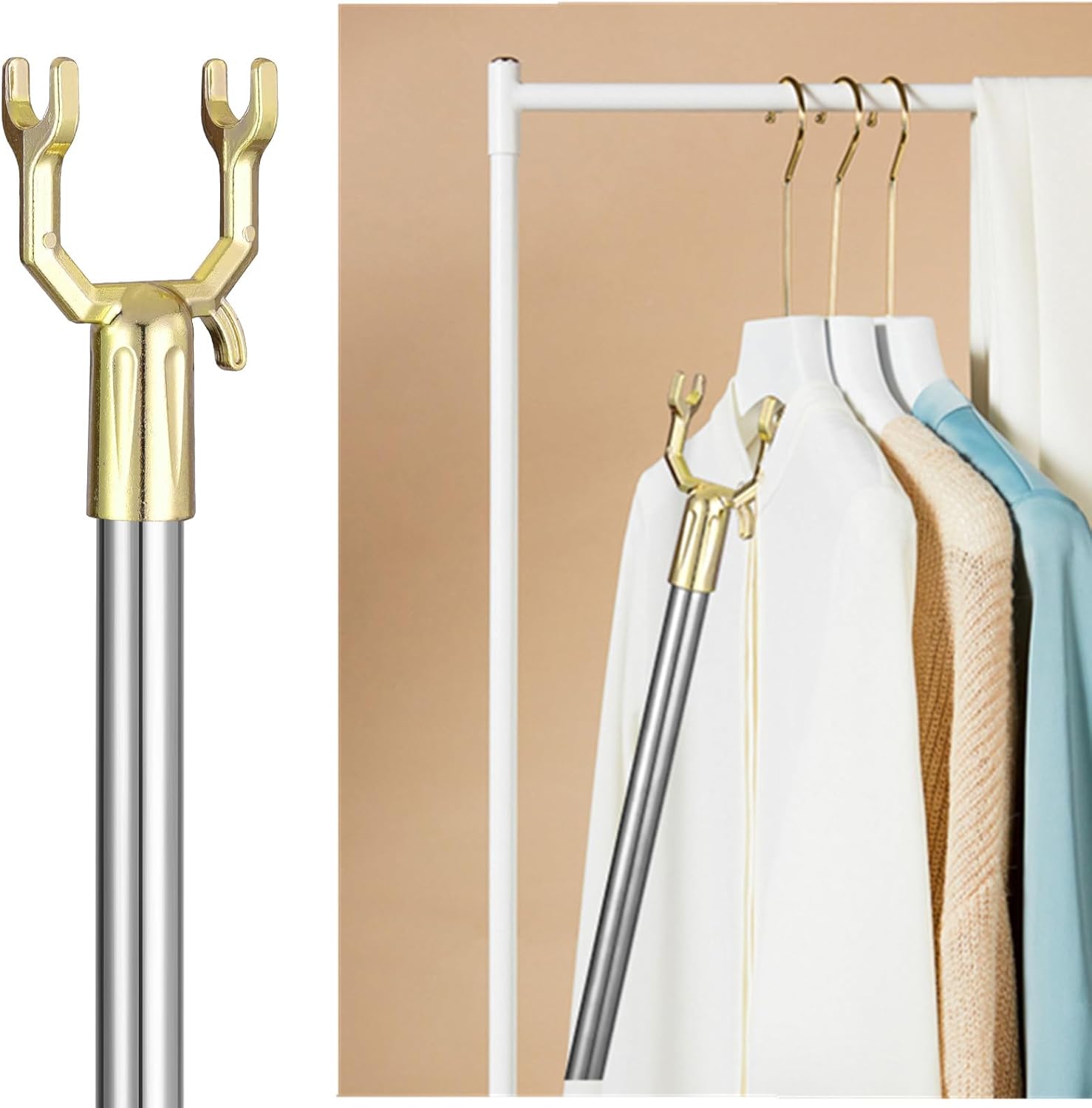 Varilla de gancho ajustable extendida de 59 pulgadas con práctico gancho para percha, gancho de ropa de brazo alto, barra de apertura de ventana,