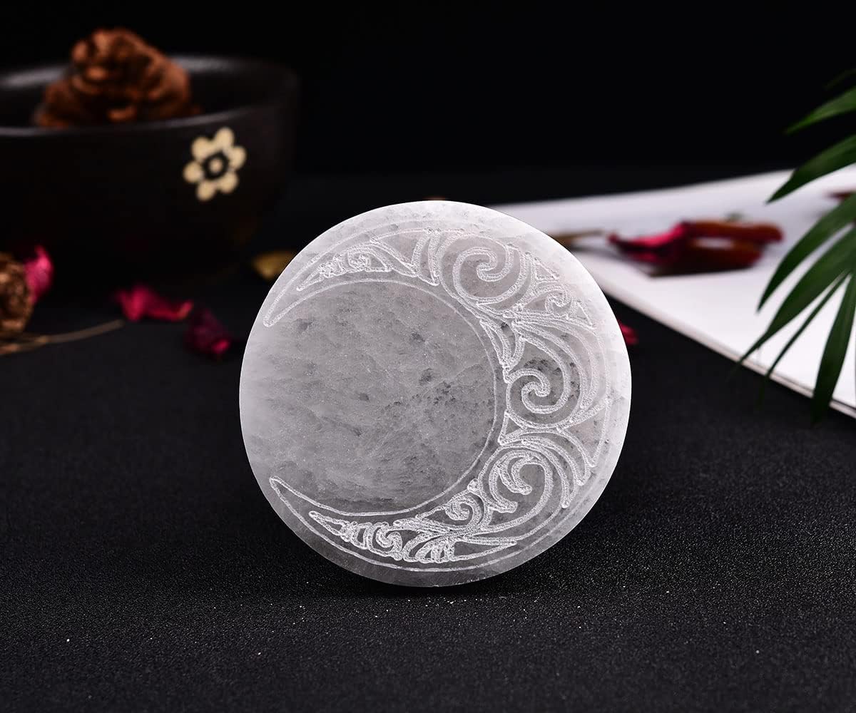 JIC Gem Placa de carga de selenita grabada con luna de 3 pulgadas, losa de selenita grabada, pequeña estación de carga de cristal curativo