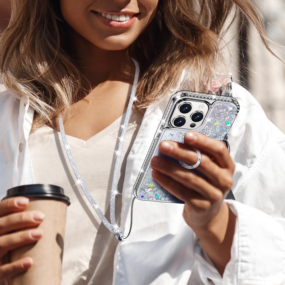 Silverback Funda para iPhone 15 Pro Max, funda con purpurina holográfica líquida en movimiento con soporte, para niñas y mujeres, funda protectora