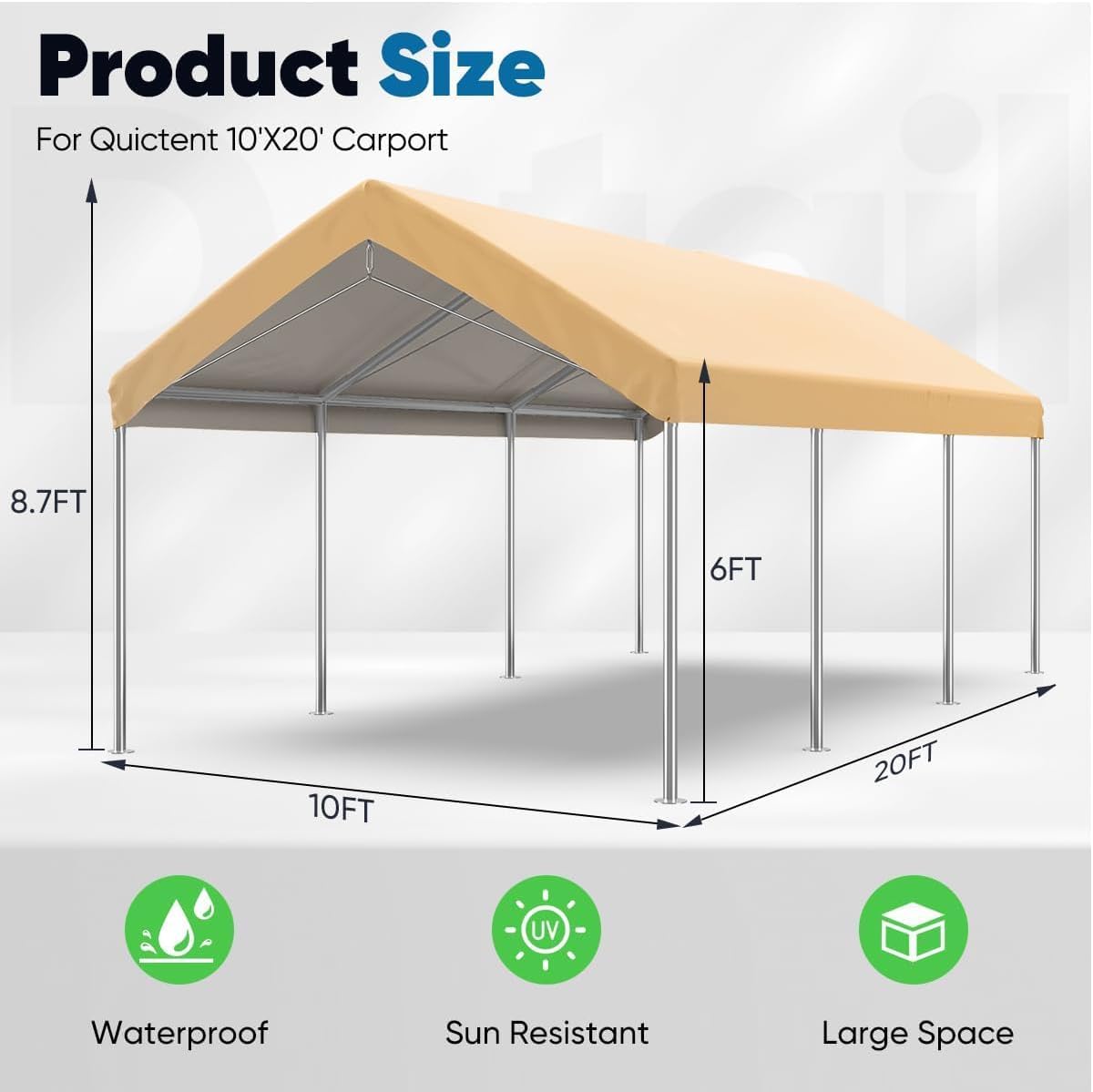 Quictent Toldo galvanizado para cochera, 10 x 20 pies, refugio de barco al aire libre con cables de acero reforzados, color beige