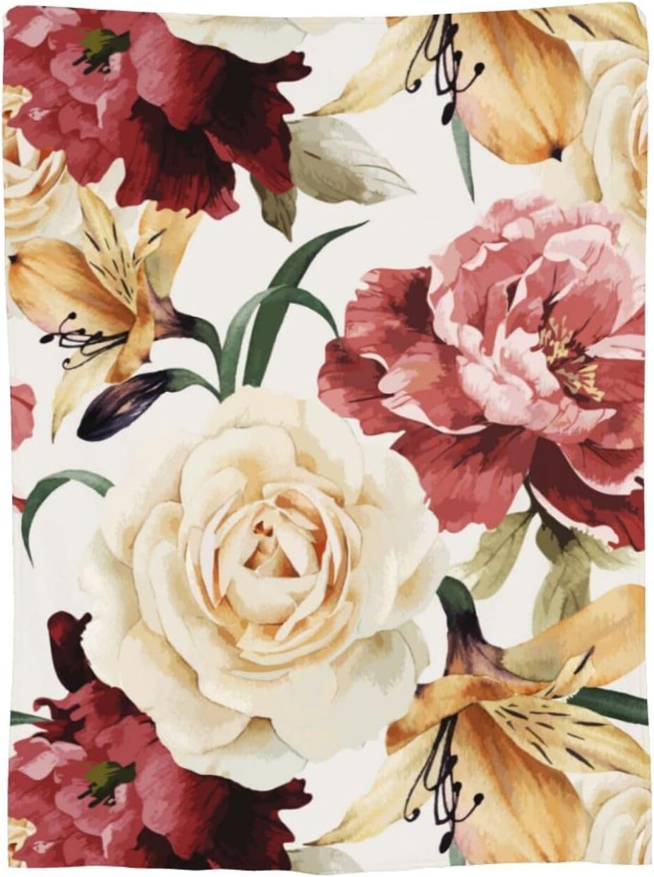 Manta de cama con diseño floral de rosas en acuarela, ultra suave, para todas las estaciones, cálida, ligera, acogedora manta de felpa para el