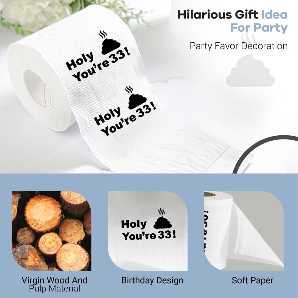Papel higiénico para decoración de cumpleaños número 33 para hombres y mujeres, diseño divertido, gran regalo gracioso, ecológico, ultrasuave y