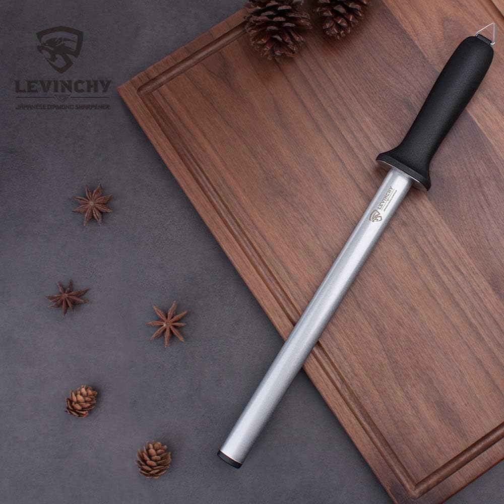 LEVINCHY Acero para afilar cuchillos de diamante de 10 pulgadas, acero profesional con revestimiento de diamante, barra afiladora de cuchillos de