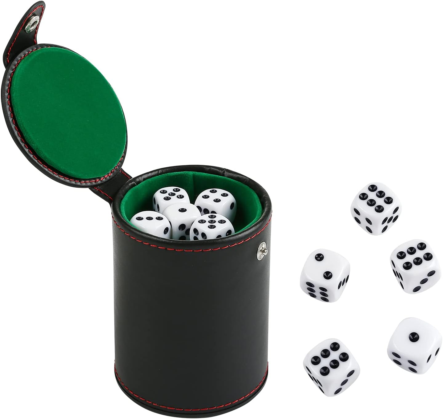 GWHOLE Juego de dados de cuero con compartimento de almacenamiento, coctelera de forro de fieltro con 5 dados de puntos para juegos de Farkle