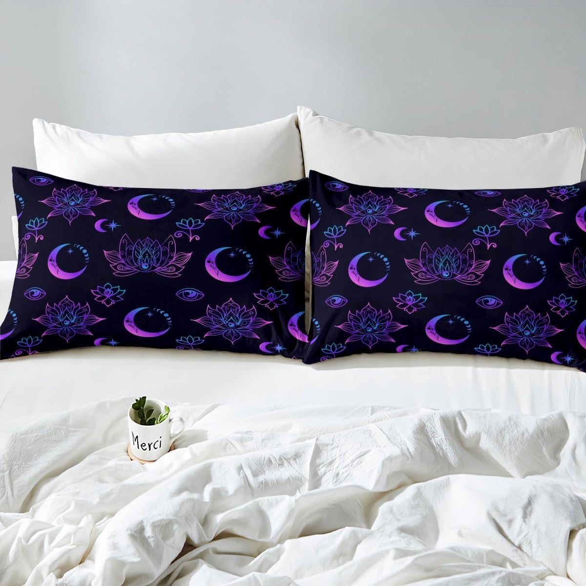 Erosebridal Hippie Lotus – Juego de sábanas de cama de fase lunar, juego de cama ajustable con estampado de ojos bohemios, color rosa y morado, ropa