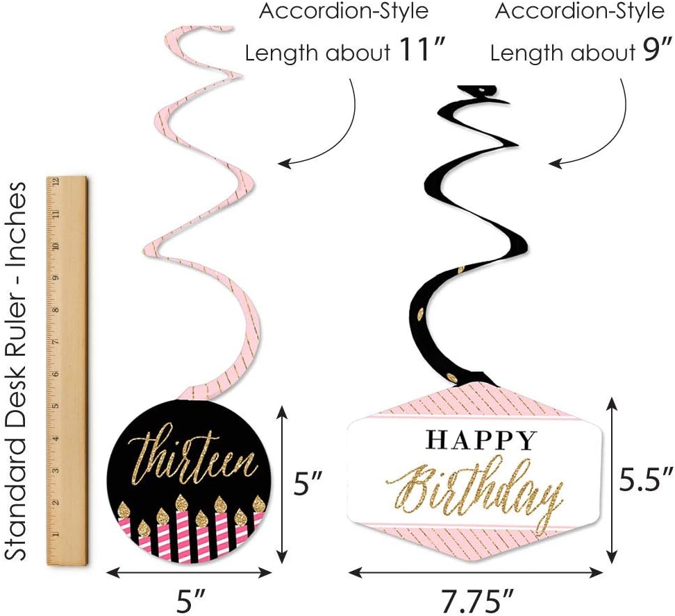 Big Dot of Happiness Elegante 13 cumpleaños – rosa, negro y dorado – Remolinos decorativos colgantes para fiesta – Juego de 40