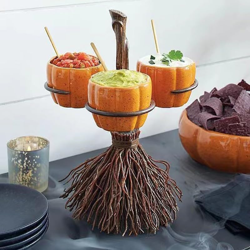 Soporte para cuenco de aperitivos de calabaza, mini platos de postre, decoración de mesa de comedor, escoba de bruja, calabaza y caramelos, plato de