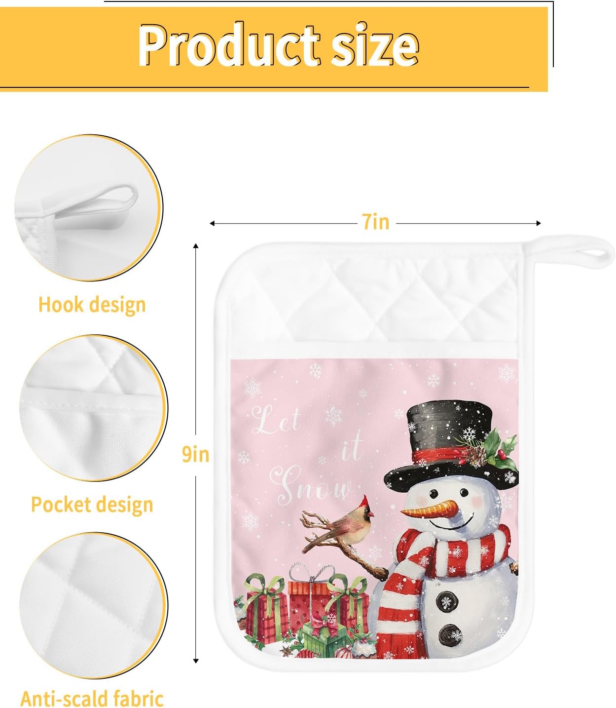 Juego de 3 agarraderas de tela de toalla con bolsillo antideslizante y aislante de calor con bolsillo para horno, diseño de copo de nieve de