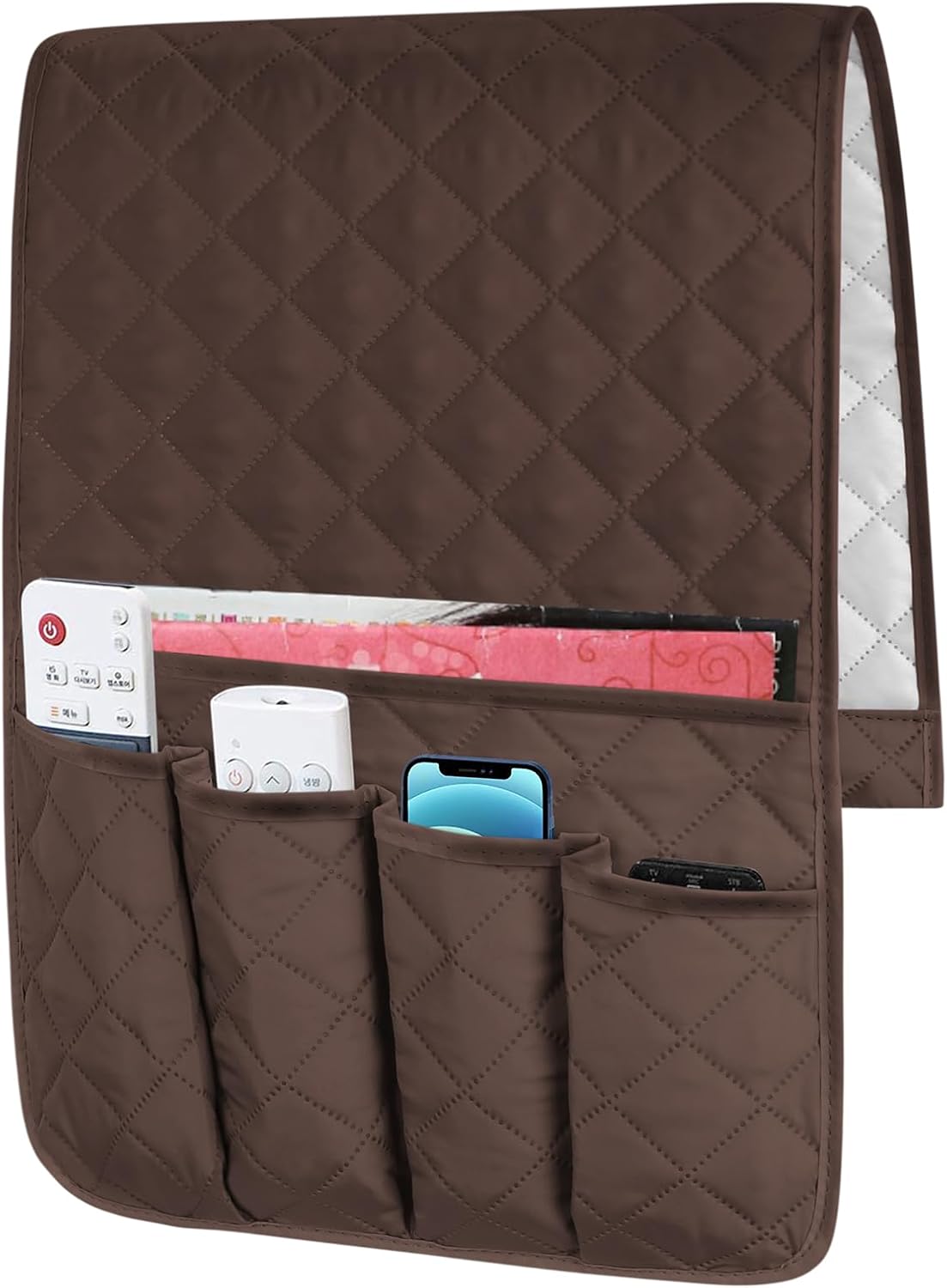 FYY Organizador de reposabrazos para sofá, soporte de control remoto, antideslizante, color marrón, para sillón reclinable con 5 bolsillos para