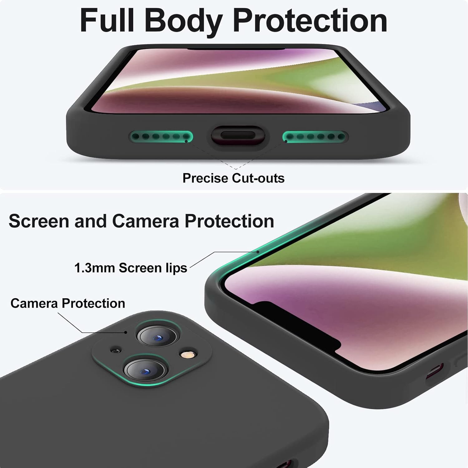 Vooii Compatible con iPhone 14, silicona líquida mejorada con protección de cámara de cubierta completa, forro de microfibra antiarañazos suave,