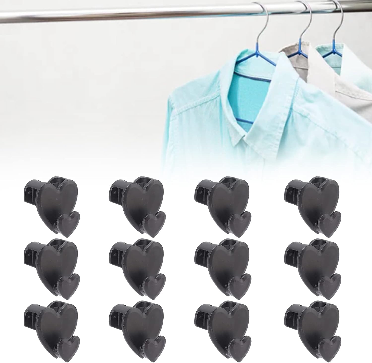 Percha de ropa con forma de corazón negro, 12 piezas, gancho para ahorrar espacio, armario, armario, ropa, ahorro de espacio