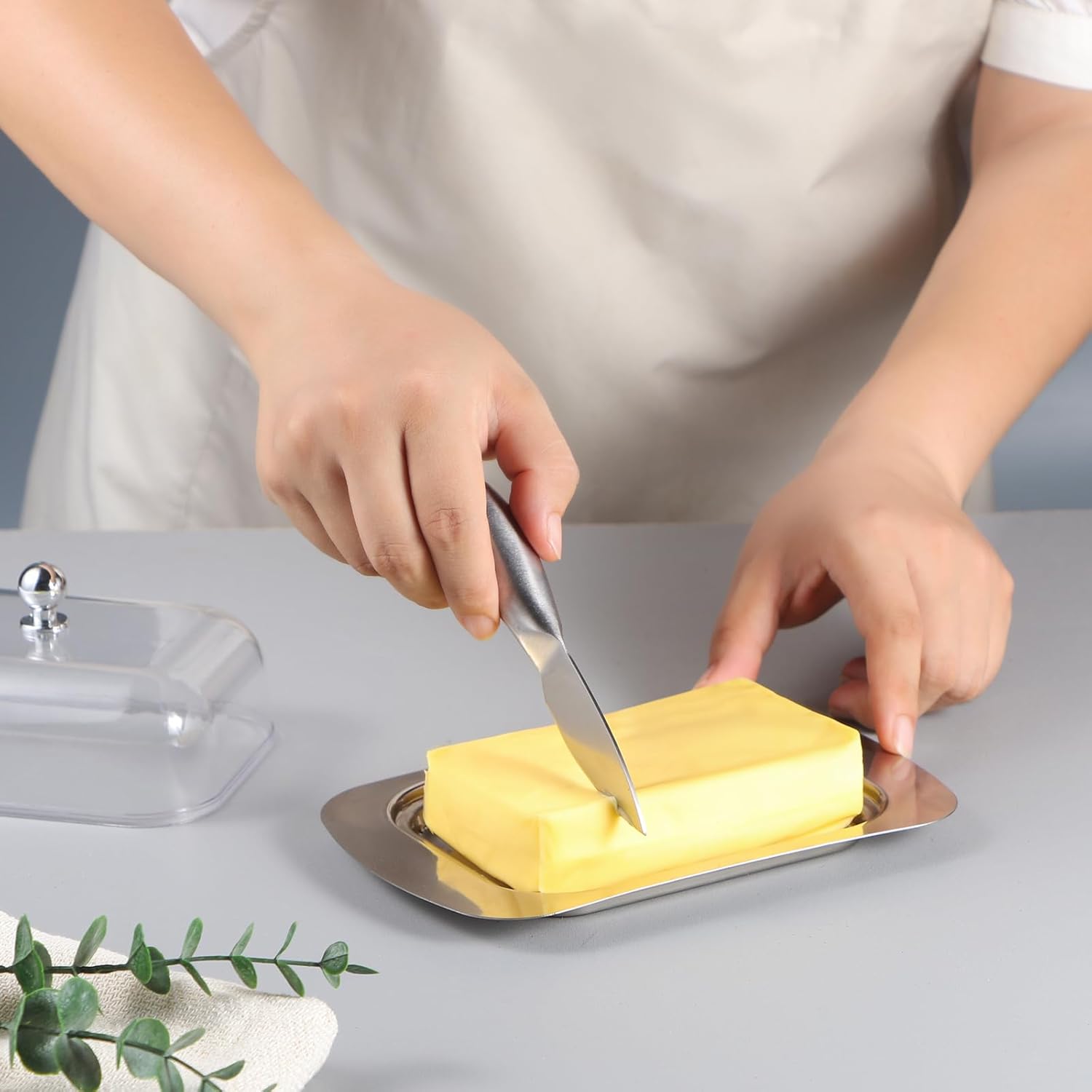 Mantequillera con tapa, plato de mantequilla de acero inoxidable con tapa de plástico para encimera, pequeño soporte para mantequilla con tapa,