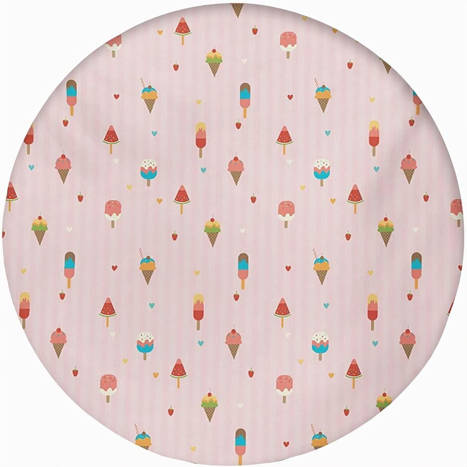 Ice Cream Round Fitted Tablecloth with Elastic Edge,Pastel Pink Striped Backdrop with Hearts Print Polyester Table Cloth, XXSmall, Fit Round Table