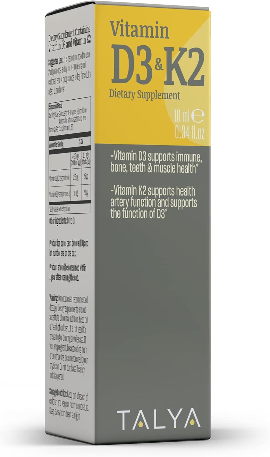 TALYA Suplemento dietético de vitamina D3 y K2 0.34 fl. oz  Apoya la salud inmunológica, ósea, dientes y musculares  Apoya la salud de la función