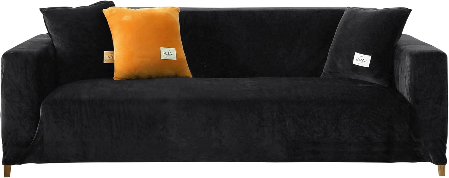 CONRUSER Funda elástica para sofá, funda de terciopelo suave con parte inferior elástica, protector de muebles para mascotas y niños (negro, XL)