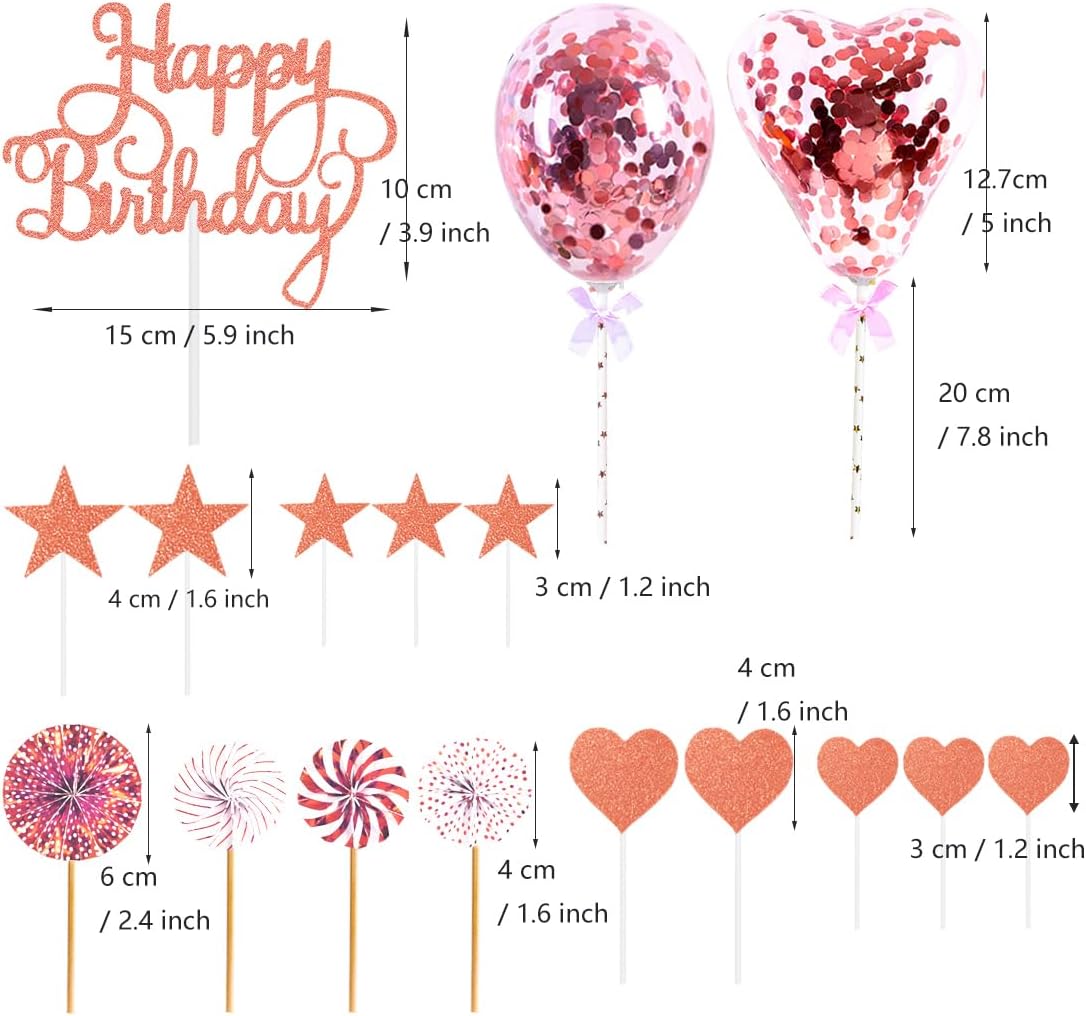 Decoración de pastel de cumpleaños rosa con purpurina acrílica para decoración de pastel de cumpleaños 19 con globos de confeti, abanicos de papel,