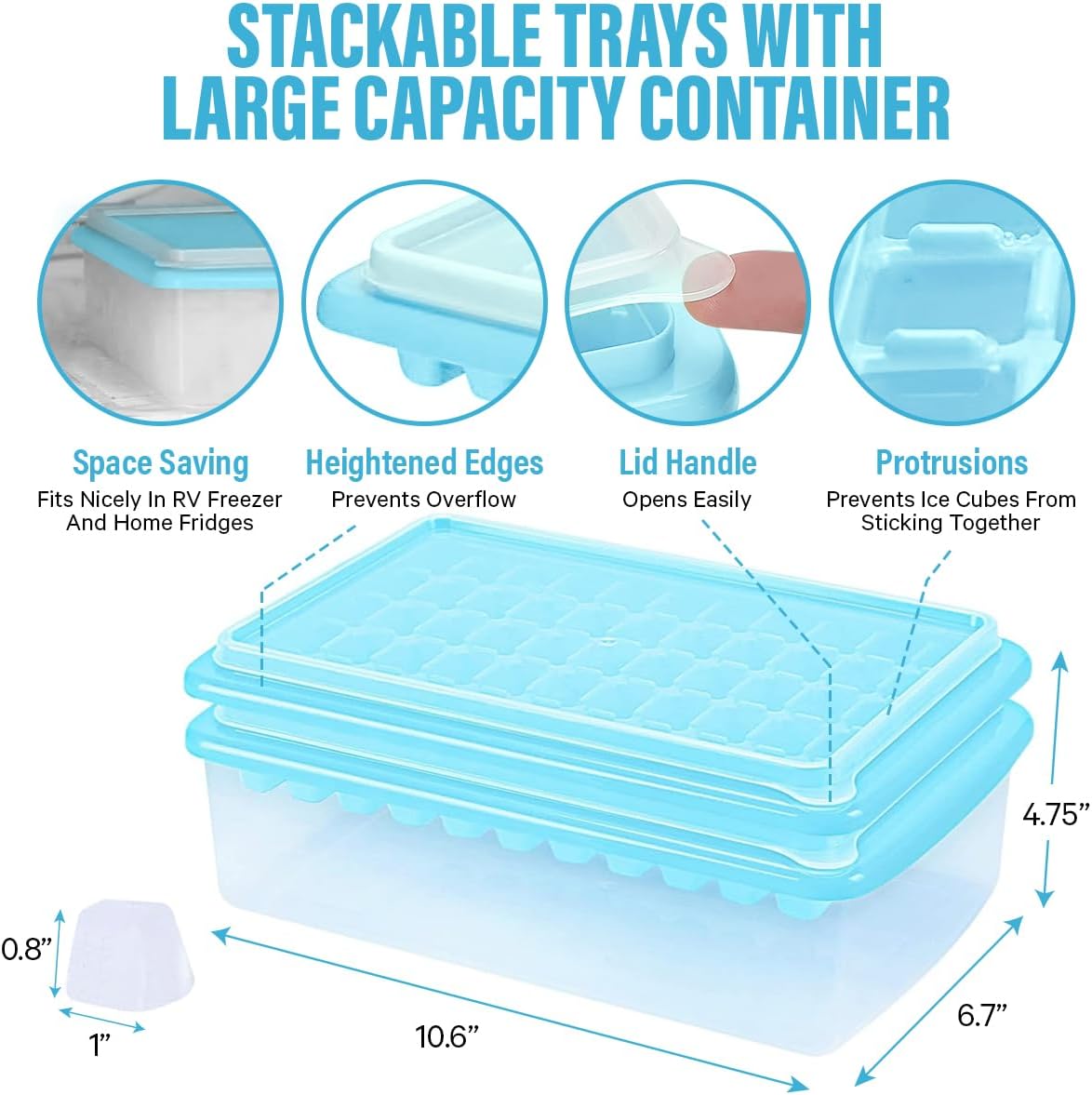 Bandeja para cubitos de hielo (azul) con tapa y contenedor para congelador, fácil liberación, paquete de 2 de 55 moldes para bandejas de hielo con
