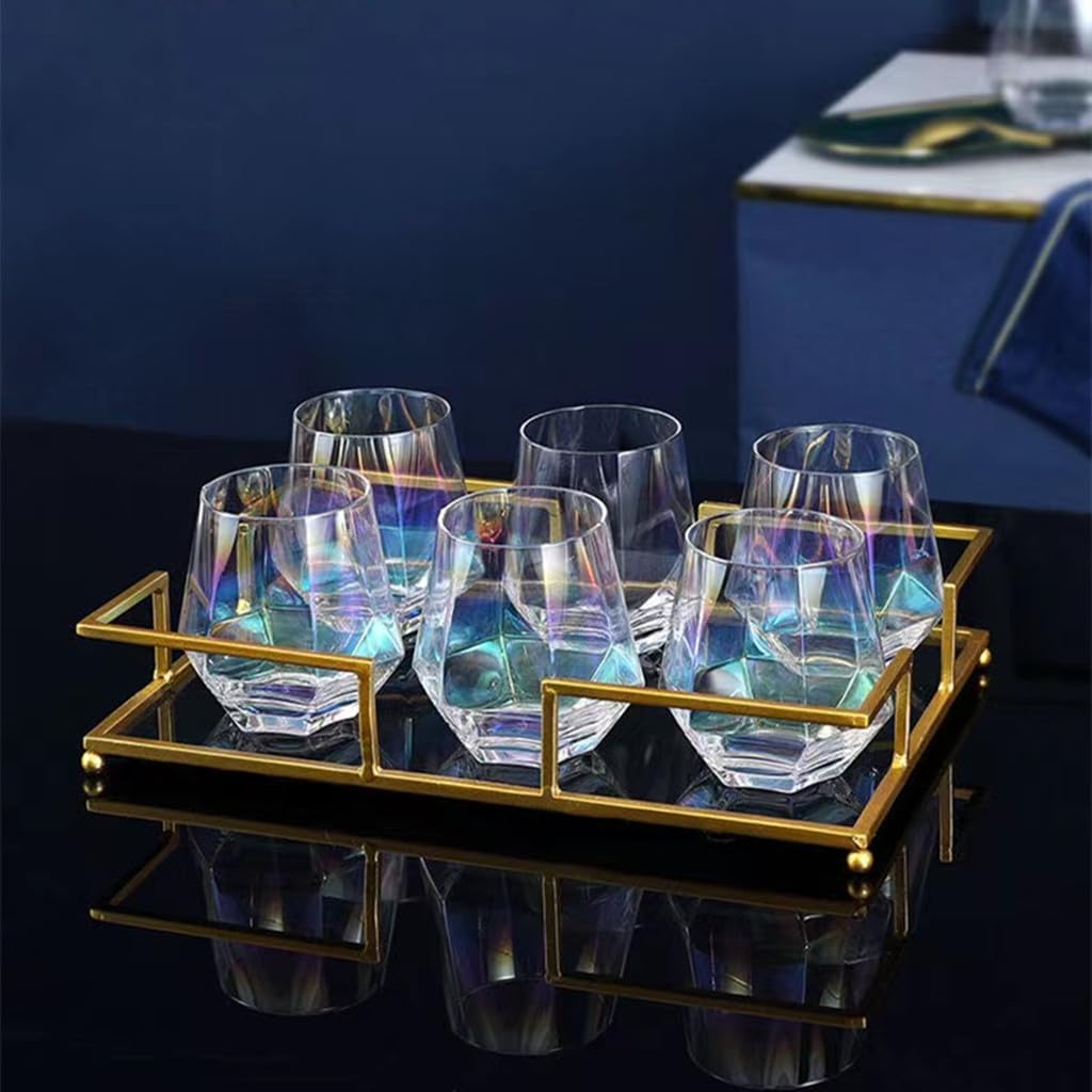 Juego de copas de vino de 1 (10 onzas), copas de vino sin tallo de diamante, cristalería iridiscente, vasos de whisky de cristal, perfectos para una