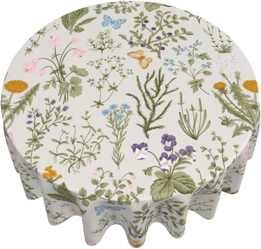 AEIOAE Mantel redondo de primavera de 70 x 70 pulgadas, mantel de acuarela con flores silvestres, lavable, vintage, hierbas florales, plantas,