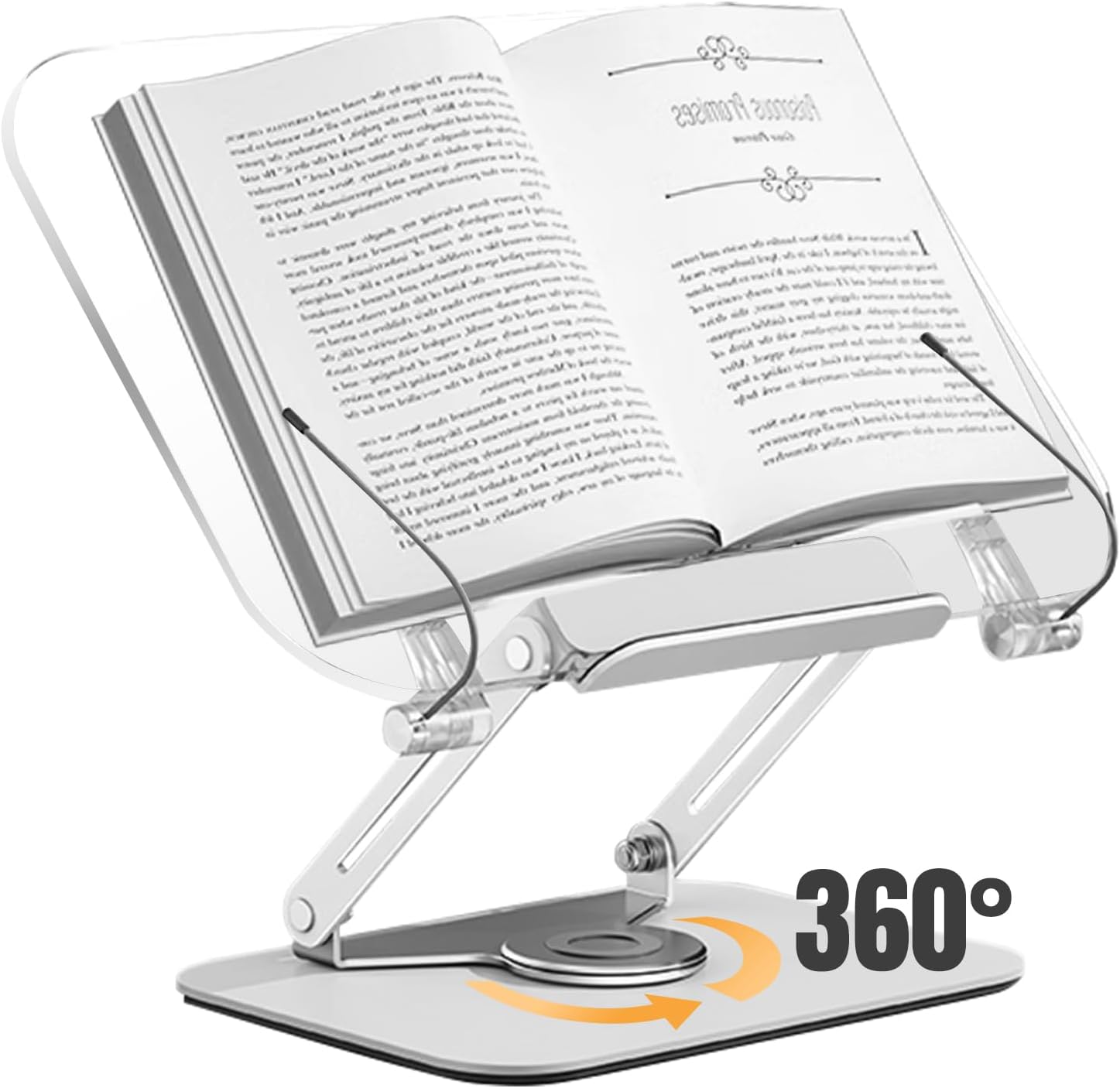 Metahoga Amasrich – Soporte de acrílico para libros de lectura, soporte ajustable con base giratoria de 360 y clips de página, plegable para mostrar