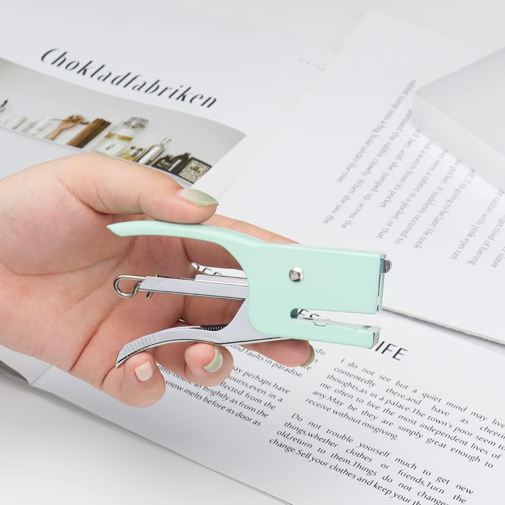 #10 – Mini grapadora de alicates verdes con juego de grapas, bonita engrapadora manual n. 10 con 1000 grapas de oro rosa para suministros de