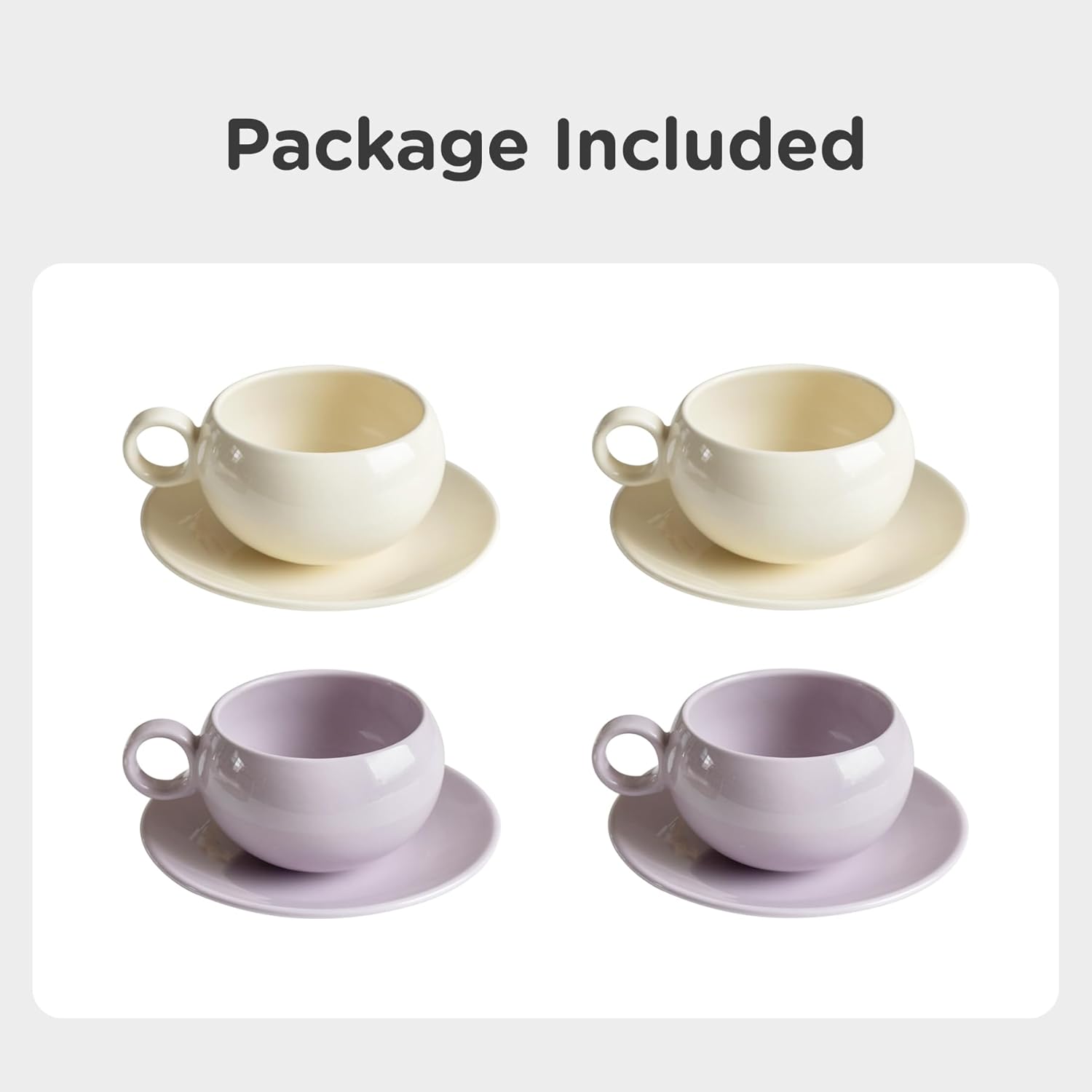 Taza de café de cerámica con platillo, 9 onzas para bebidas de café, café con leche, moca de café, leche y té (2 x crema + 2 x morado)