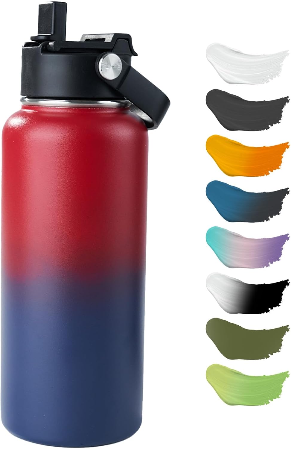 Botella de agua aislada de acero inoxidable, 32 onzas, doble pared aislada al vacío, botella de agua a prueba de fugas con popote de silicona, tapa