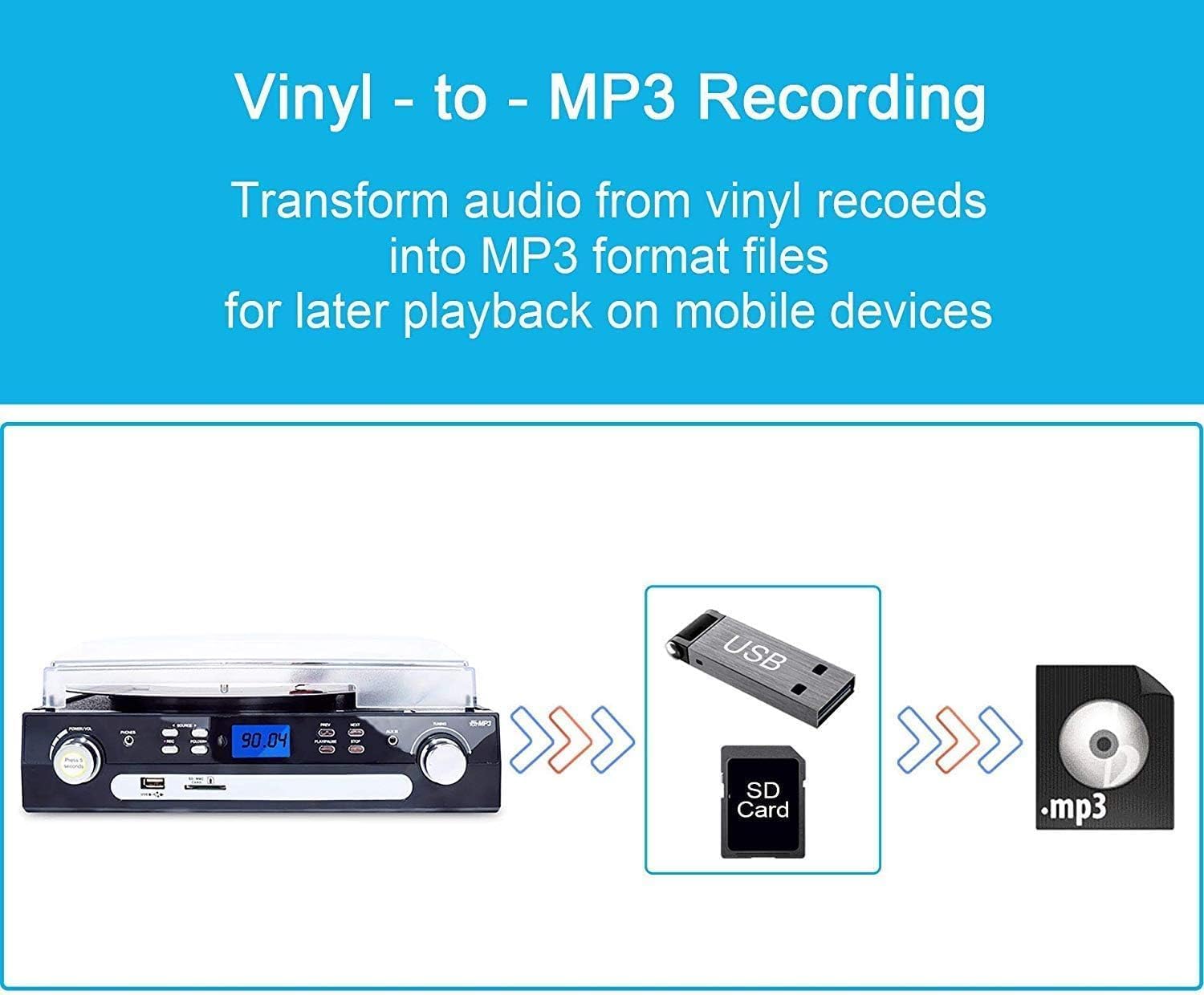 Tocadiscos de vinilo a MP3, conectividad Bluetooth con altavoces estéreo, reproducción de cassette, radio AMFM, control remoto, codificación USBSD