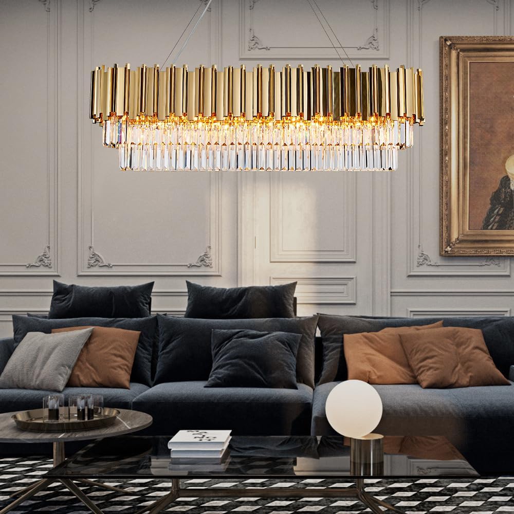 Candelabros modernos de cristal para comedor, luces doradas de lujo de 46 pulgadas, lámpara colgante de techo rectangular para isla de cocina