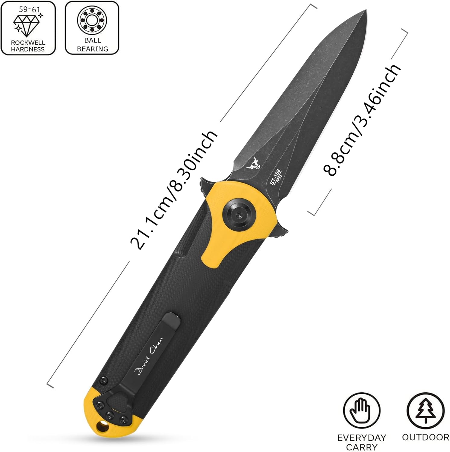 Sitivien ST158 – Cuchillo de bolsillo plegable, chapado en titanio, hoja de acero DC53 lavado a la piedra negra con mango G10, cuchillo de