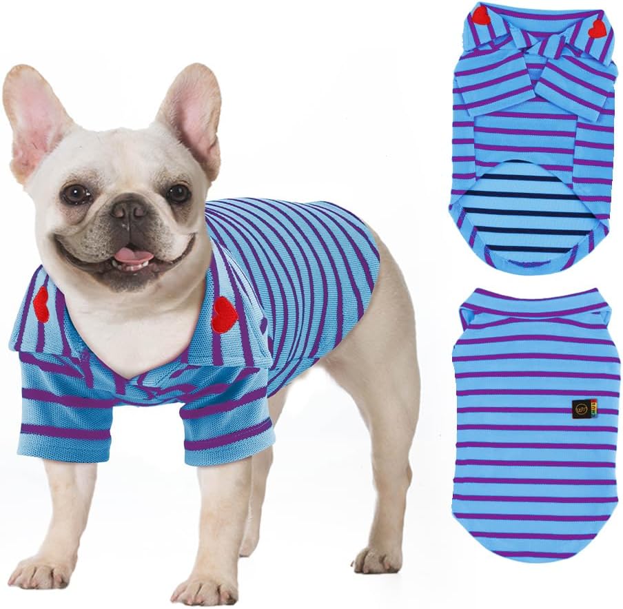 EMUST Ropa para perros, camisas para perros grandes, niños y niñas, trajes de perro a rayas con cuello polo y mangas, ropa de bulldog francés, suave