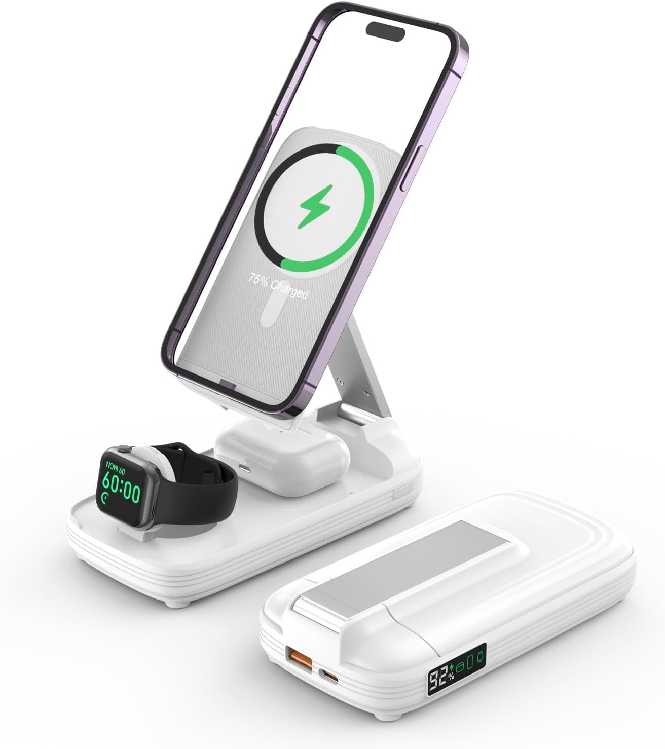 BezosMax – Estación de carga inalámbrica 5 en 1 con banco de energía de 10000 mAh, pantalla digital, magnética, automática de 20 W, estación de