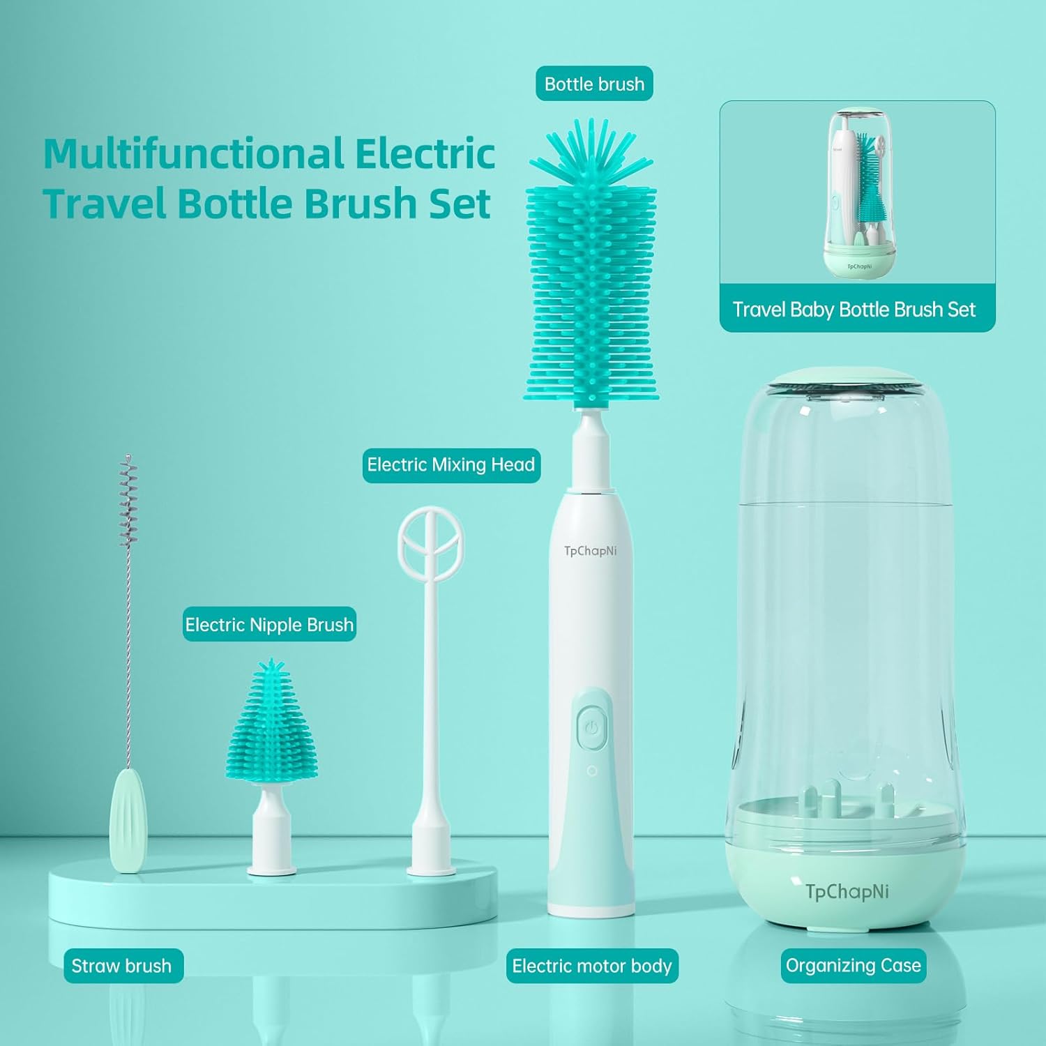 TpChapNi Juego de cepillos eléctricos para biberones de viaje, limpiador de cepillo eléctrico para botellas, Kit de limpiador de botellas de bebé 6