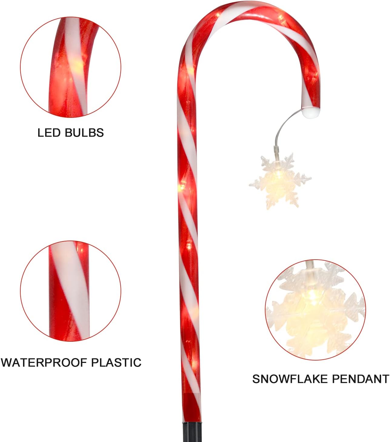 Luces solares de bastón de caramelo de Navidad con copo de nieve, luces solares mejoradas para marcadores de camino, paquete de 8 decoraciones de