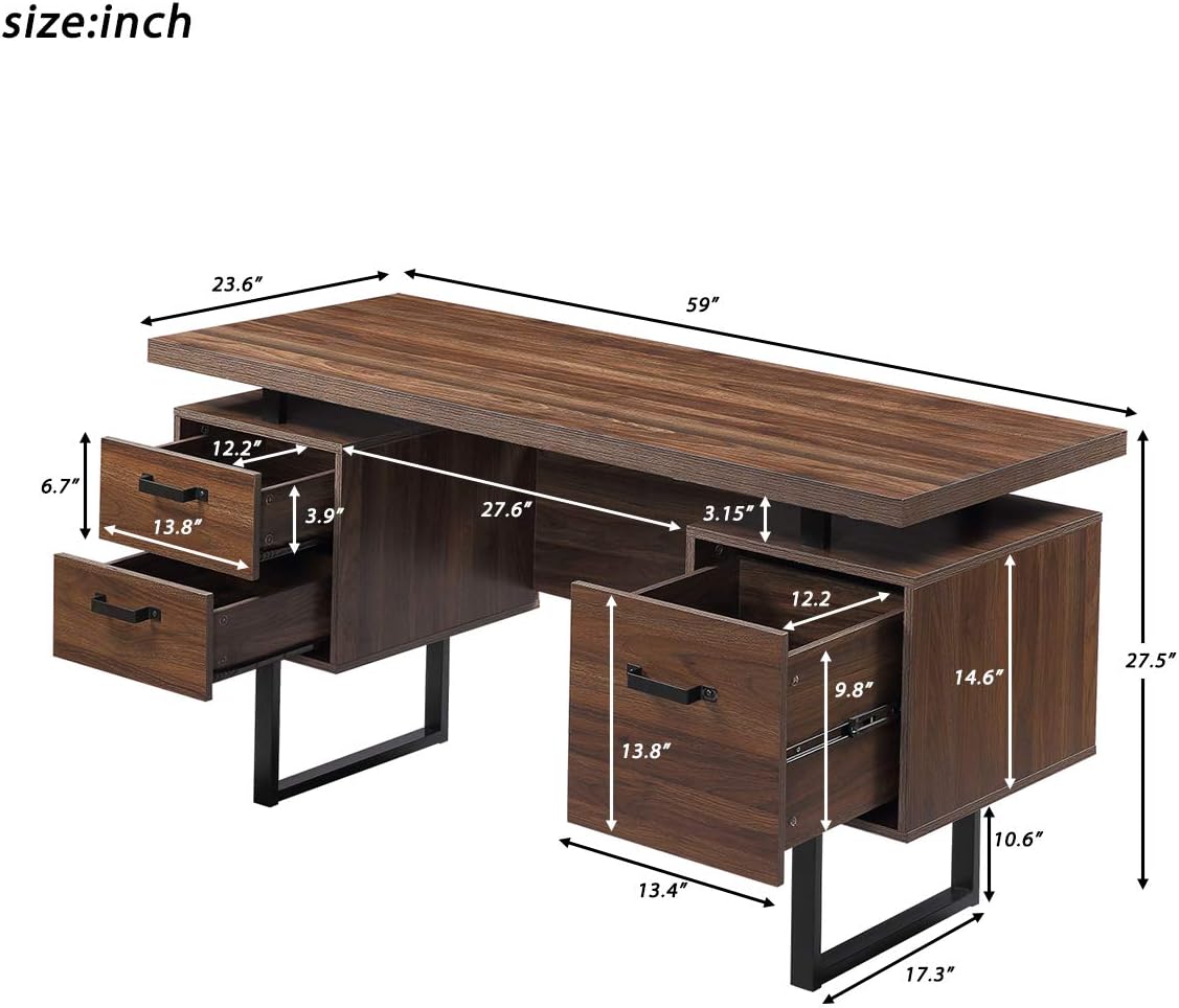 Escritorio de computadora de oficina en casa de 59 pulgadas con 3 cajones, mesa de estudio de escritura de madera con cajones colgantes de tamaño