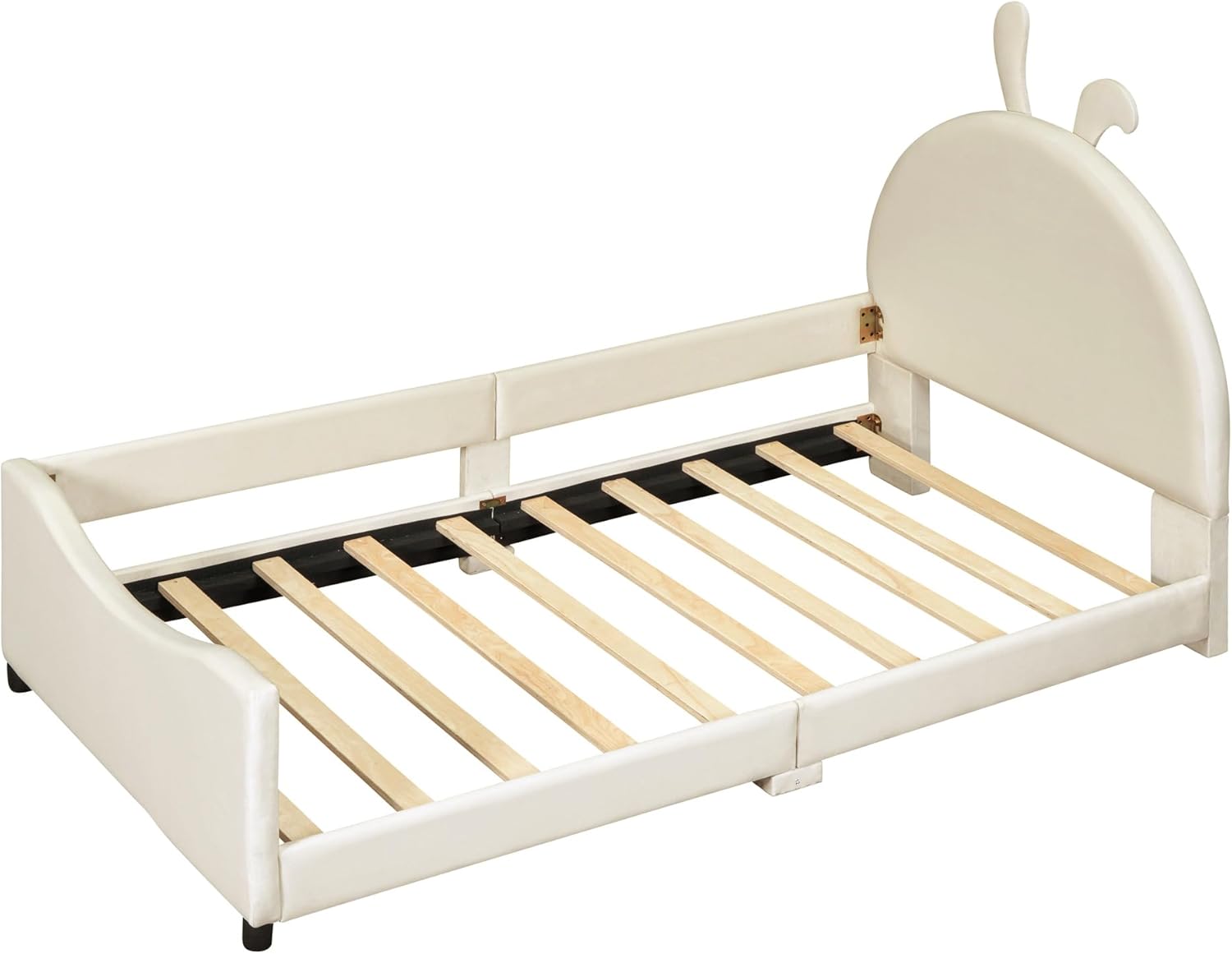 Cama tapizada de tamaño individual con cabecera en forma de conejo, marco de cama de plataforma baja con rieles, sofá cama de terciopelo con soporte
