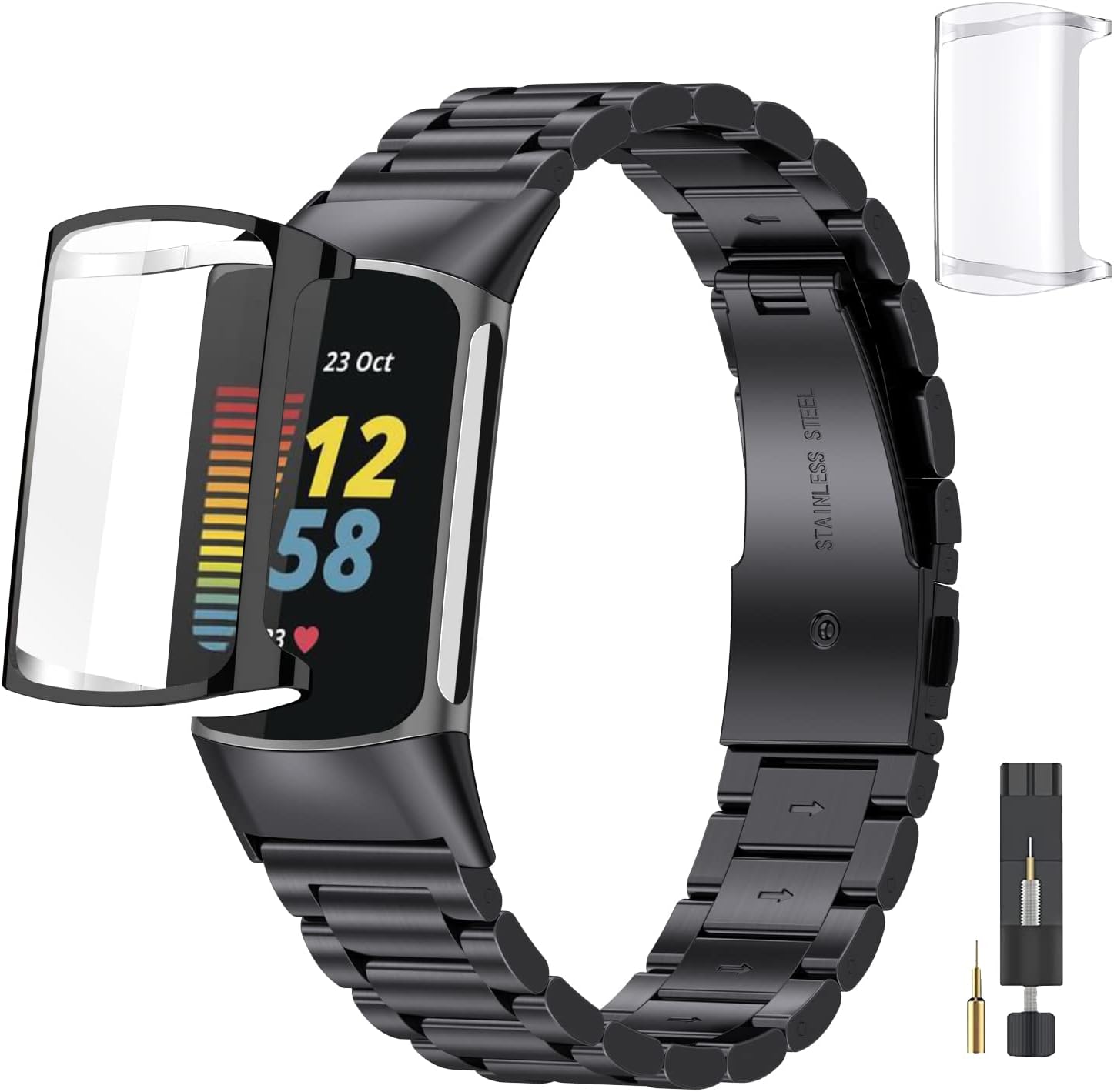 for Fitbit Charge 65 Metal Watch Band with Case, Stainless Steel Replacement Strap Compatible with Fitbit Charge 65 Wristband