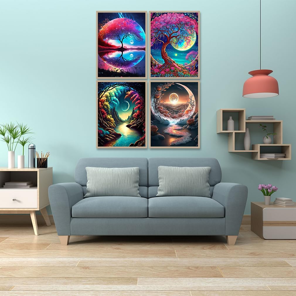 Paquete de 4 pinturas por números para adultos principiantes  Mountain Moon Starry Lake kits de pintura por números para adultos en paisajes para
