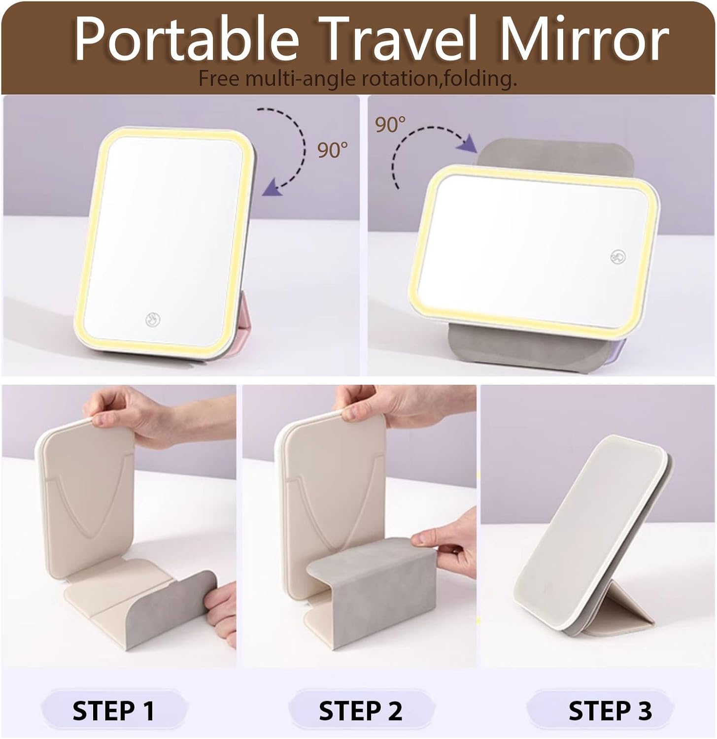 GcSige Espejo de tocador de viaje recargable con luces, espejo de belleza de maquillaje iluminado portátil, 3 modos de iluminación de color,