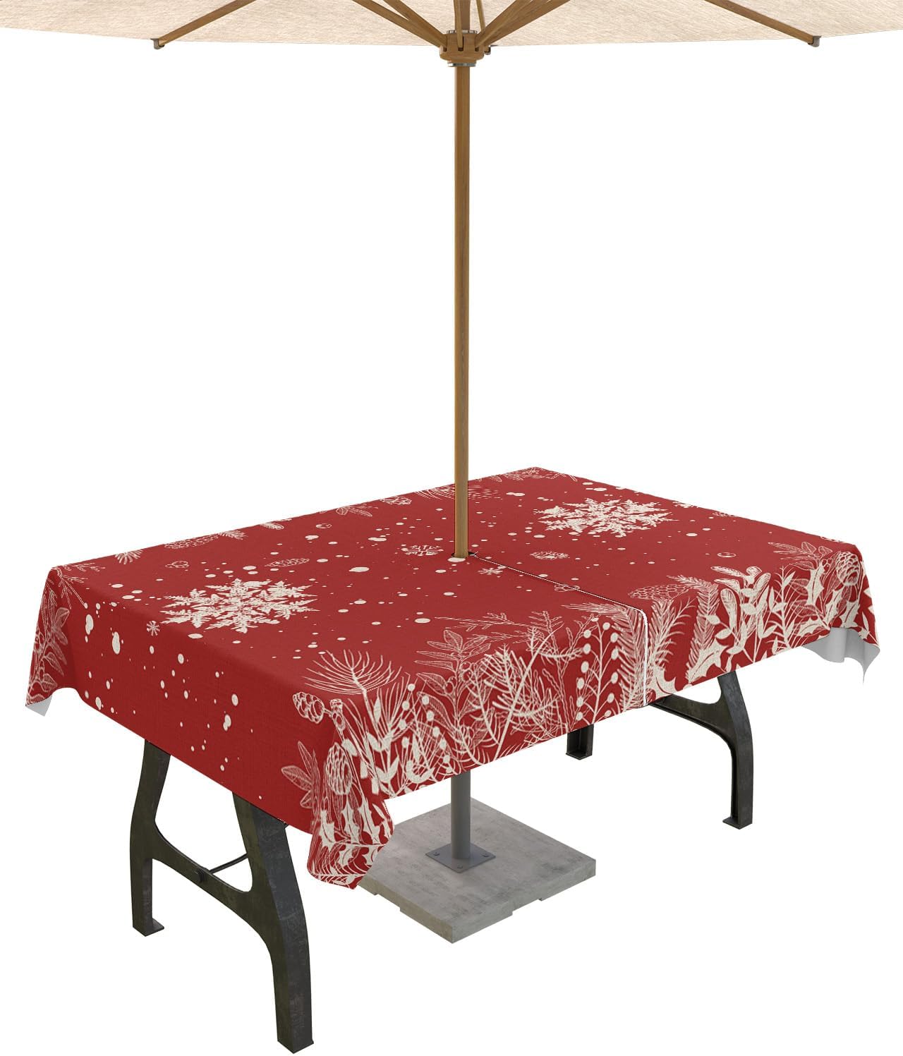 Mantel de Navidad para exteriores con agujero para paraguas, mantel impermeable con cremallera para mesas rectangulares, copos de nieve, árboles