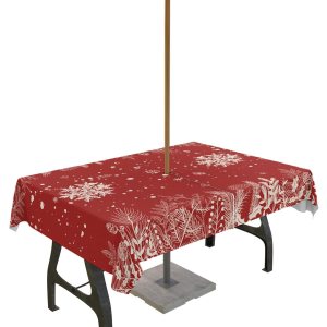 Mantel de Navidad para exteriores con agujero para paraguas, mantel impermeable con cremallera para mesas rectangulares, copos de nieve, árboles Mantel de Navidad para exteriores con agujero para paraguas, mantel impermeable con cremallera para mesas rectangulares, copos de nieve, árboles