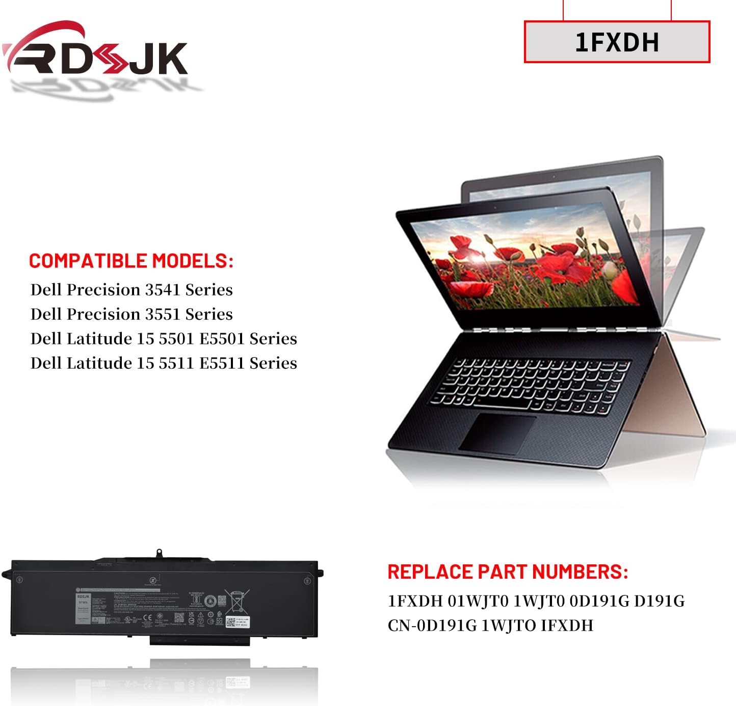1FXDH 1WJT0 – Batería para portátil Dell Precision 3541 3551 Latitude 15 5501 5511 E5501 E5511 Series 01WJT0 D191G 0D191G CN-0D191G 11.4V 97Wh