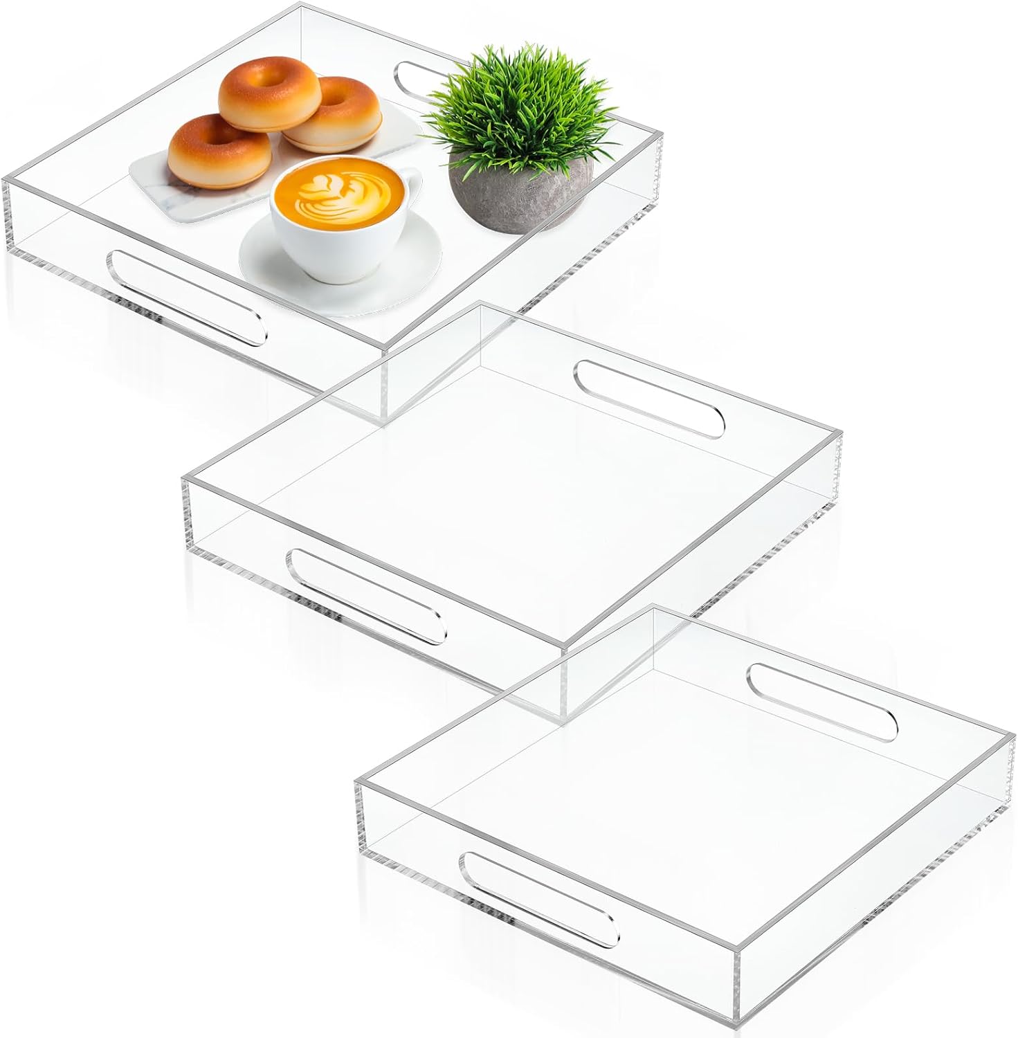 3 bandejas otomanas de acrílico con asa, bandejas decorativas de acrílico para servir, bandeja organizadora de encimera, a prueba de derrames, para
