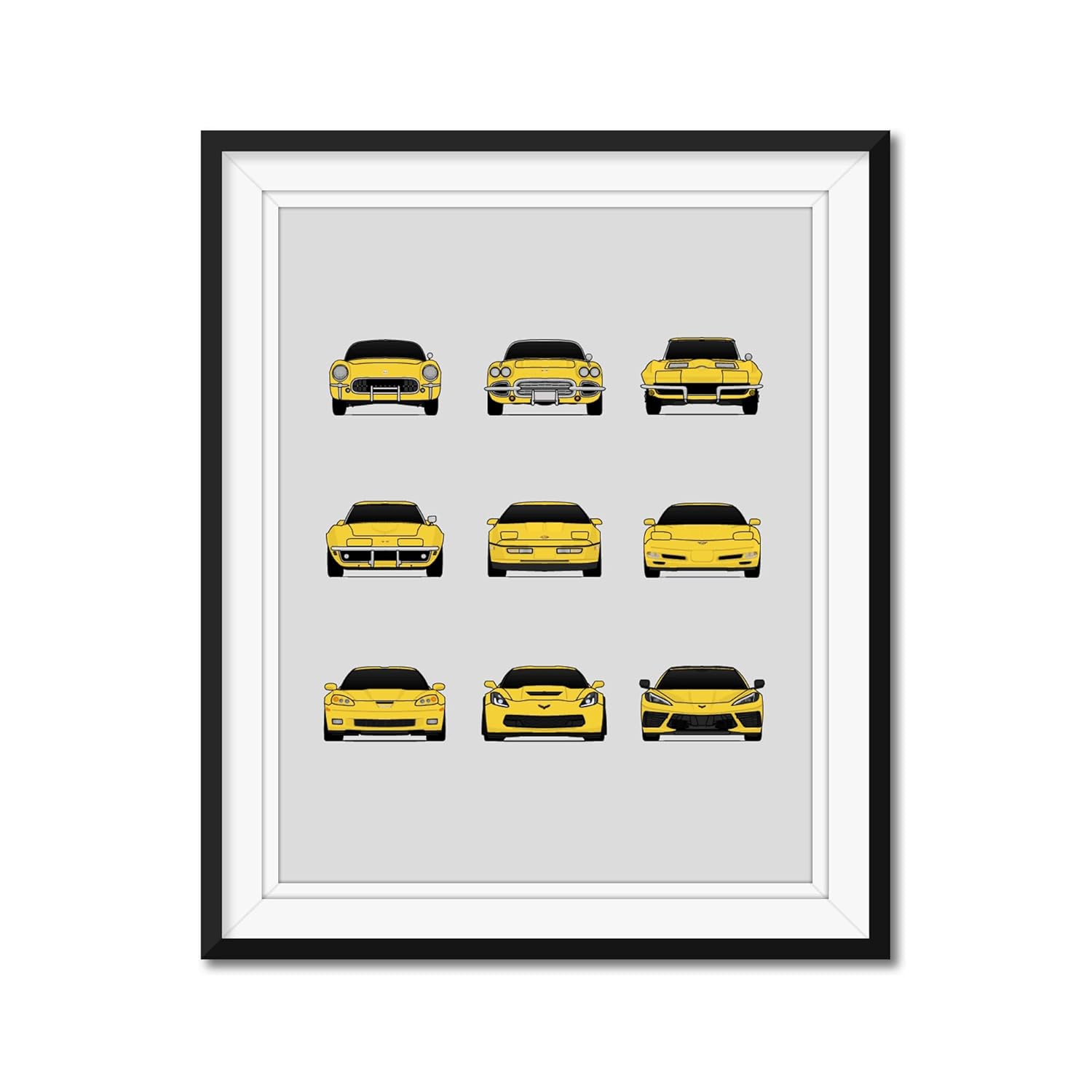 Chevy Corvette Generations Inspired Car Poster – Handmade Print of C1 C2 C3 C4 C5 C6 C7 C8 – Yellow, 11×14″ Satin Print (Unframed) – Perfect Gift