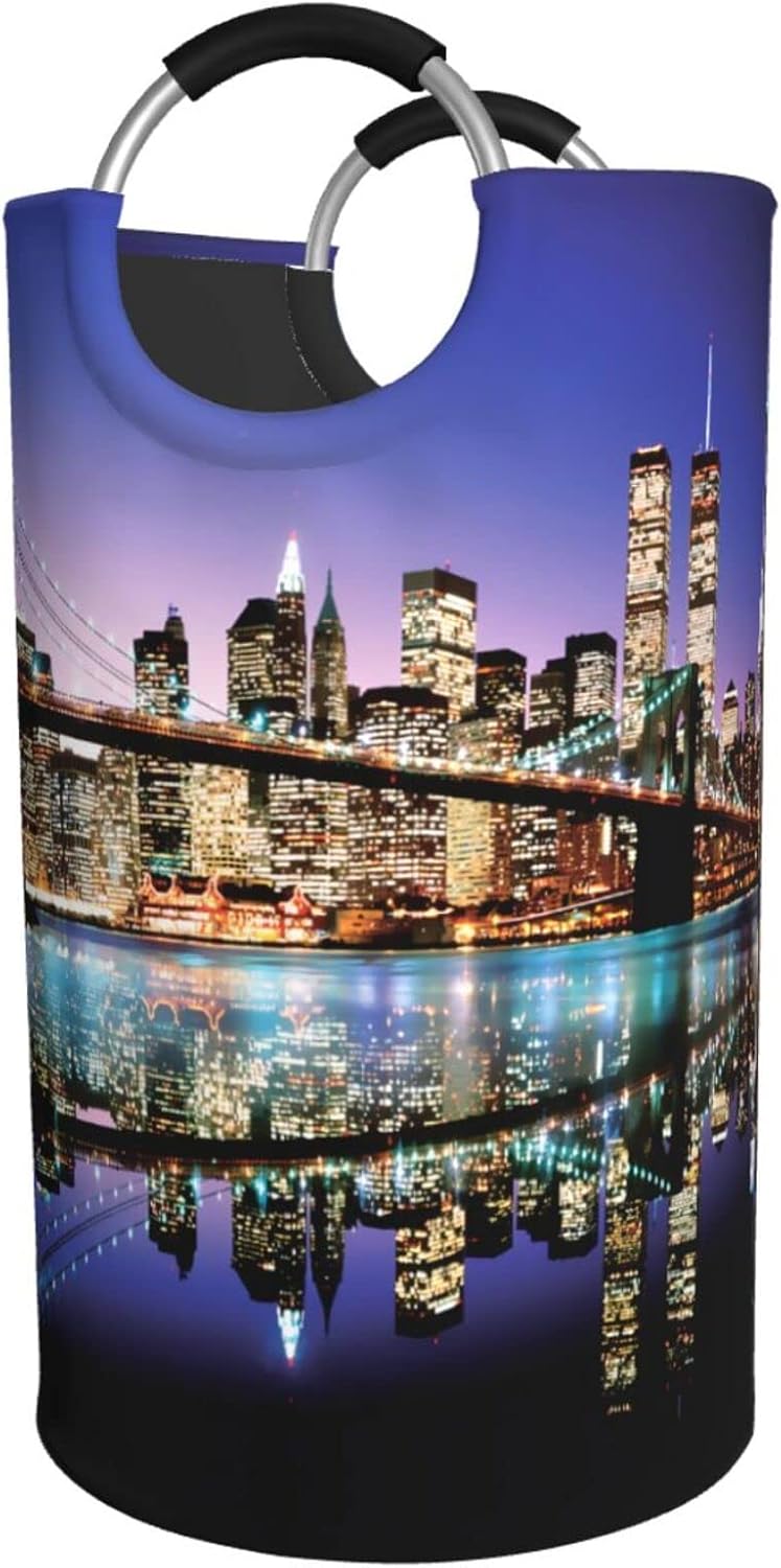 Cesta de lavandería con asas, plegable, duradera, para almacenamiento de ropa sucia, organizador de lavandería, New York Manhattan Night Brooklyn