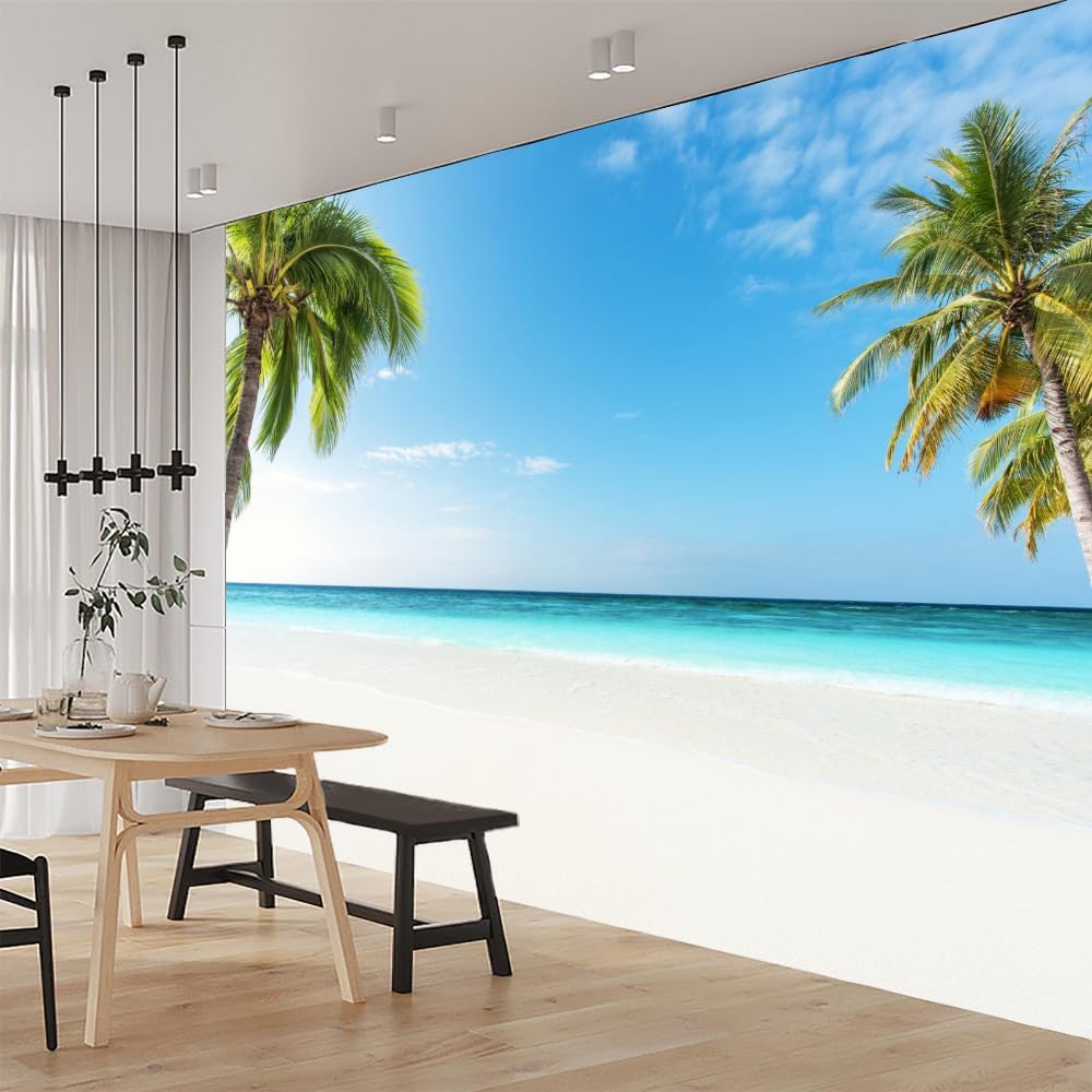 Mural de pared 3D Ocean Beach, paisaje tropical, papel tapiz autoadhesivo extraíble para sala de estar, dormitorio, decoración de pared, 59 pulgadas