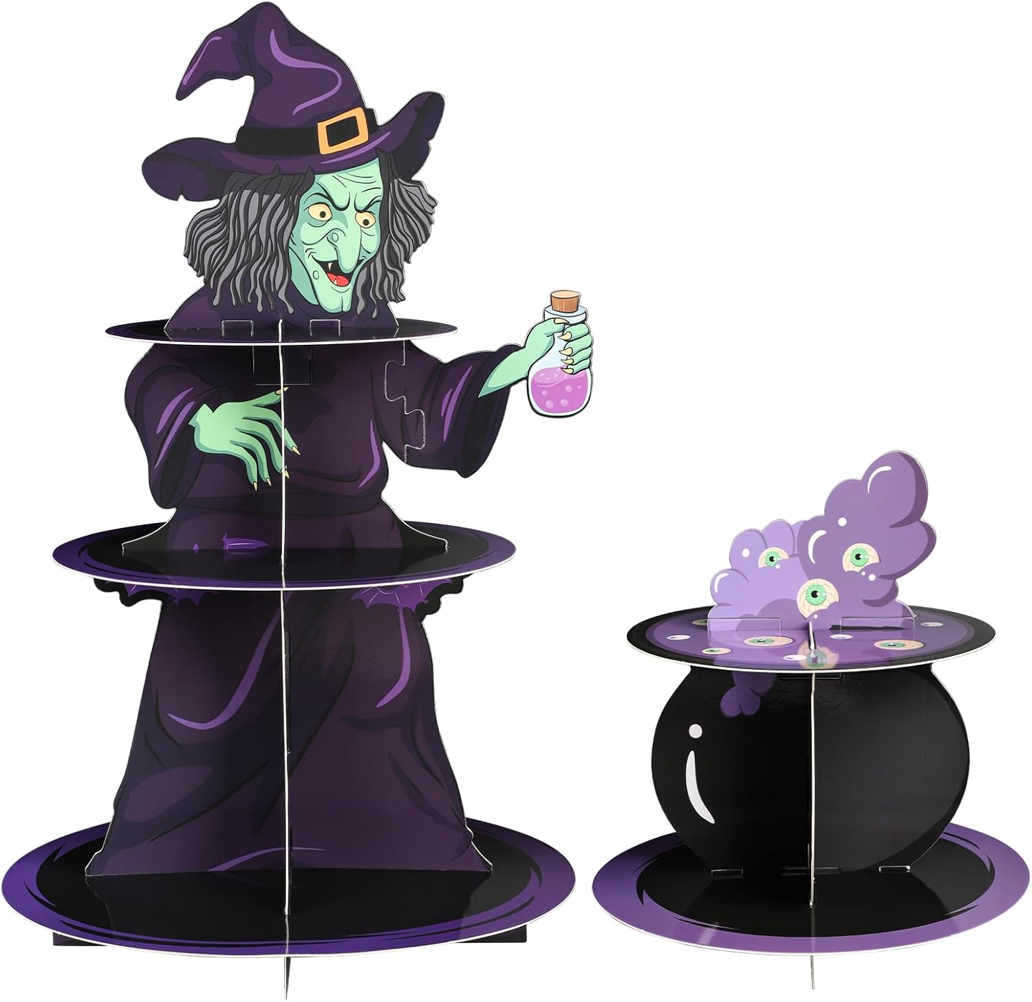 Soporte para cupcakes de Halloween para 24 cupcakes de bruja y veneno, decoraciones de cupcakes de Halloween, de cartón, juego de 3 niveles y 2