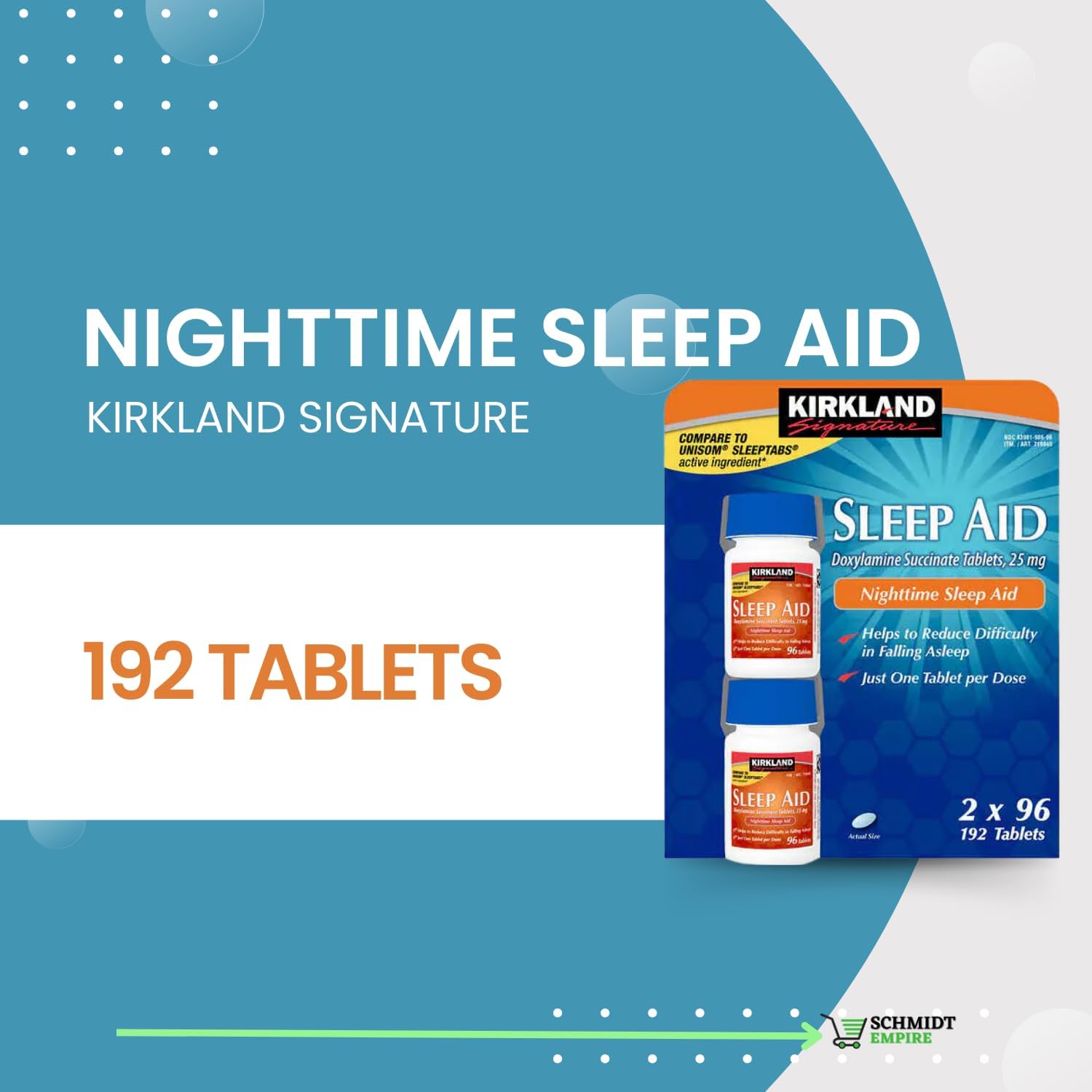 Kirkland Signature Sleep Aid Succinato de doxilamina de 25 mg (2 frascos, 96 pestañas en total 192 tabletas) + 1 protector de tarjeta SchmiidtEmpire