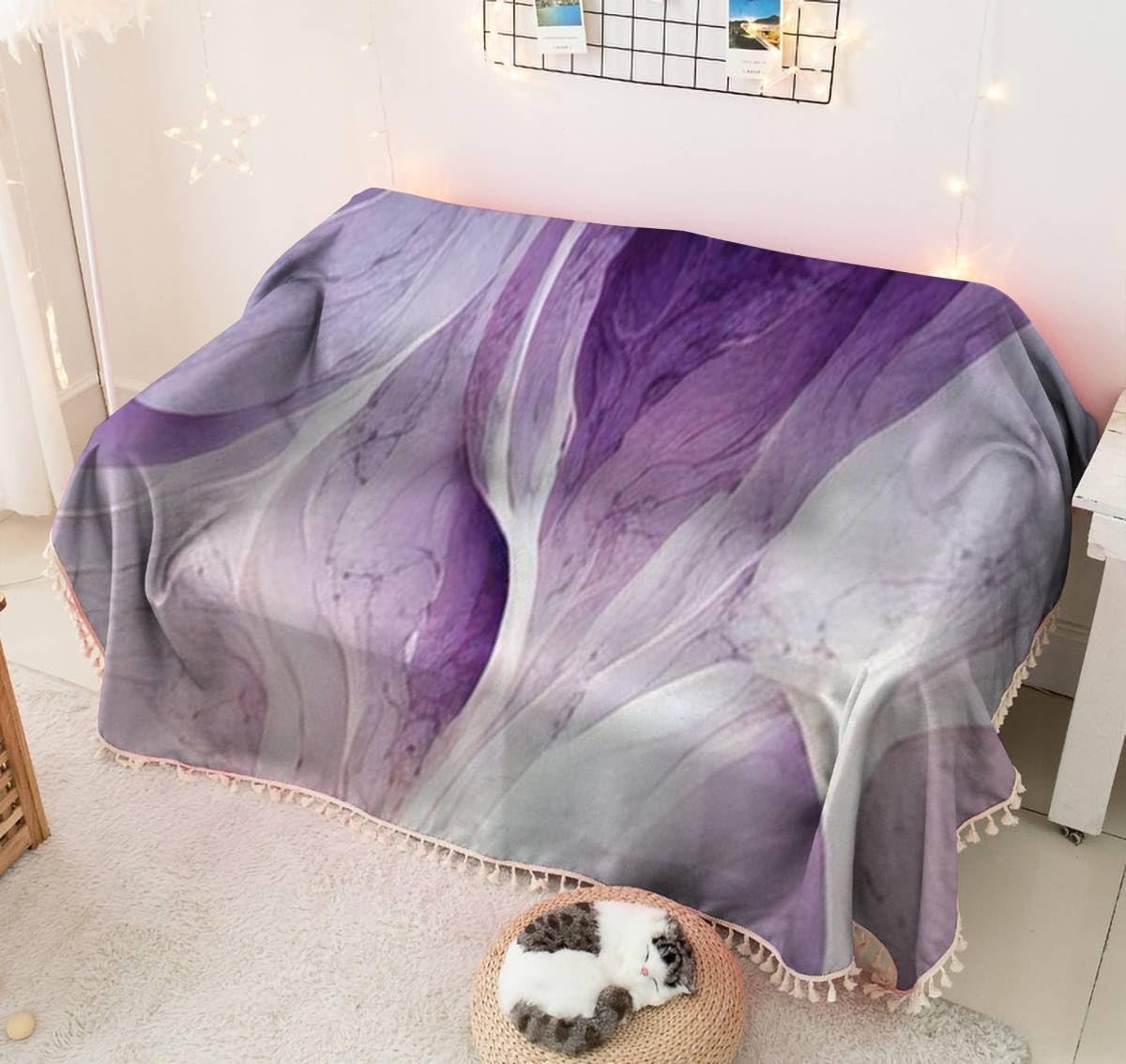 Fundas de sofá abstractas de lujo púrpura mármol textura de mármol hermosas fundas de sofá abstractas suaves con borlas para sofá, manta para